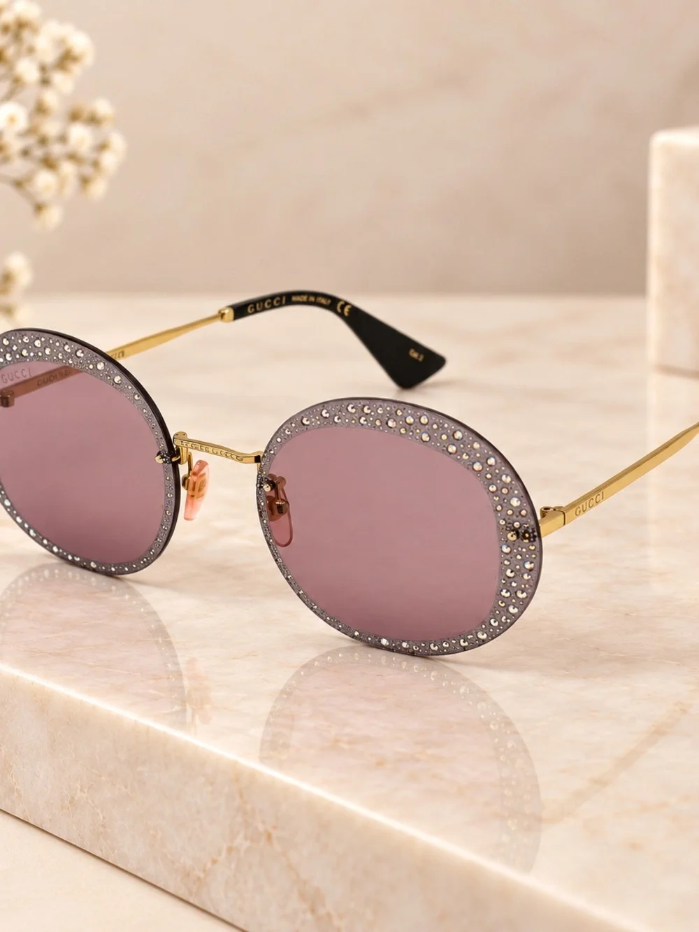 Gucci Gold-Arm Pink Lens Round Crystal Frame Sunglasses